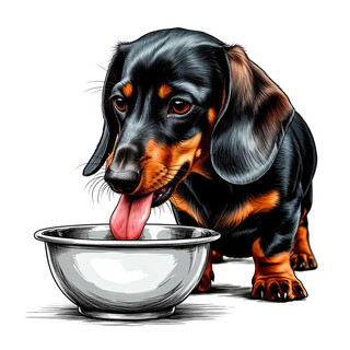 Такса ест из миски на белом фоне