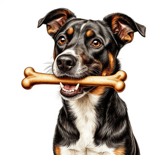 Собака держит кость в зубах