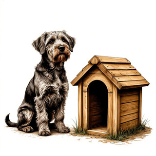 Собака сидит рядом с собачьей будкой на белом фоне