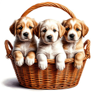 Щенки в корзинке на белом фоне