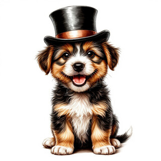 Весёлый щенок в цилиндре на белом фоне